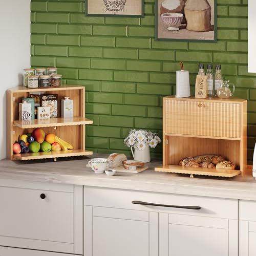 Corner Bread Box for Kitchen Countertop Bamboo Two Layer Large Capacity Bread Storage Bin Vintage Storage for Homemade Bread (Natural Bamboo)