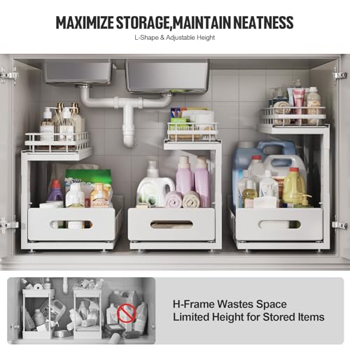 Under Sink Organizer Upgrade To Professional Rails (White / 2 Pack-14.5"Dx12.8"-16.9"H)