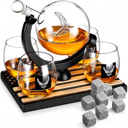 Airforce Whiskey Decanter Set with 4 Liquor Glasses Air Force Whisky Decanter & Glass Set with Wood Base & 9 Whiskey Stones