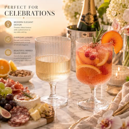 Textured Clear Glass Ribbed Modern Elegant Wine Goblets for Red White Rosé Beverages