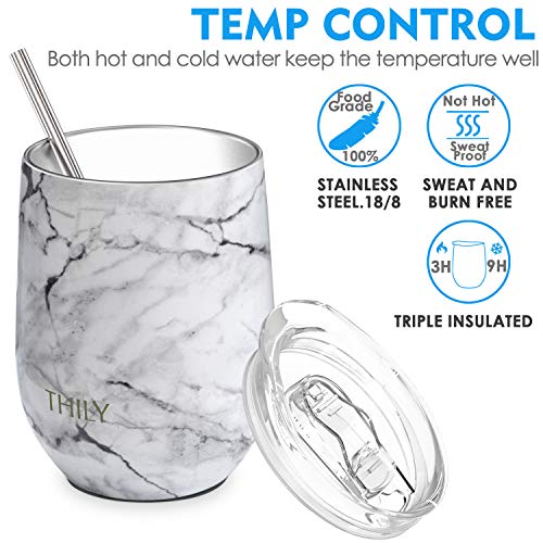 Stainless Steel Stemless Wine Tumbler 4 Pack Vacuum Insulated Travel Wine Glasses Set with Sliding Lids and Straws (4 Pack - White Marble / 4 Count (Pack of 1))
