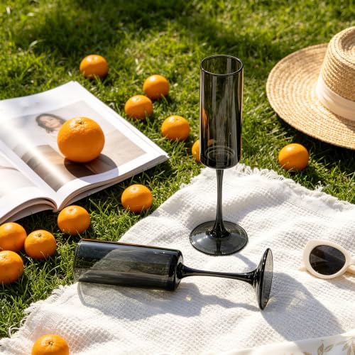 12 Pieces Black Champagne Flutes 6 OZ Straight Sided Wine Glasses Champagne Long Stem Drinking Colored Glasses (12 Count)