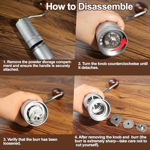 Manual Coffee Grinder Gift Box Detachable Stainless Steel Conical Burr Aluminum Coffee Bean Grinder with 25 Grinding Settings Cleaning Brush Grindable Espresso Moka Pot for Camping Silver (Detachable / Silver)