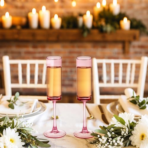 12 PCS Pink Crystal Champagne Flutes 6 OZ Wine Glass Long Stem Drinking Colored Glasses (12 Count)