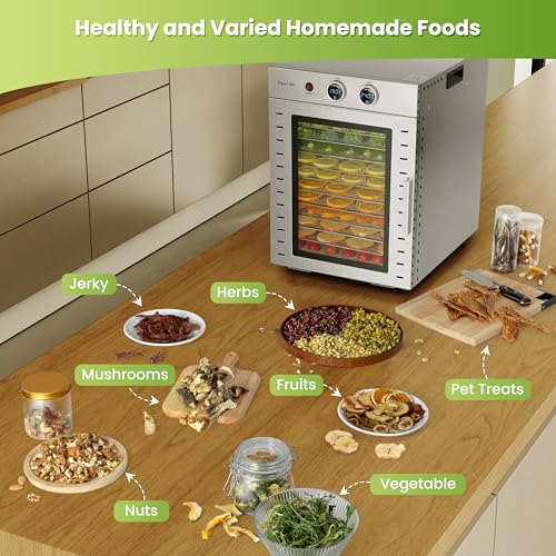 Food Dehydrators Machine with 12 Stainless Steel Trays with Timer Setting Temperature Adjusted 68 ℉ to 194 ℉ Dryer for Herb Fruit Meat Vegetables Mushroom Beef jerky for Commercial Household large (12 Count)