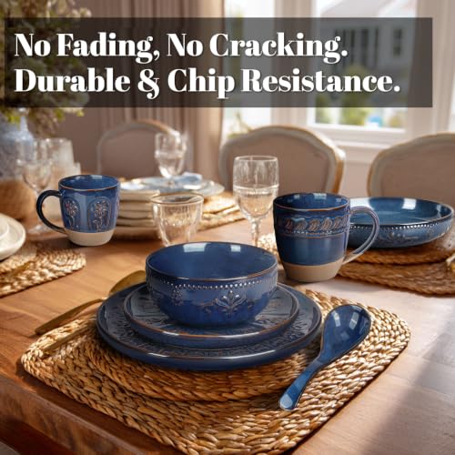 16 Piece Handcrafted Ceramic Dinnerware Set (Damask Floral (16 Pieces) (Blue))