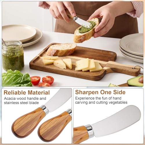 16set Acacia Wood Charcuterie Board with Knife Wooden Serving Tray with Groove Acacia Wood Cutting Board with Card and Gift Box for Wedding Baby Shower Housewarming Gift (16 Count)
