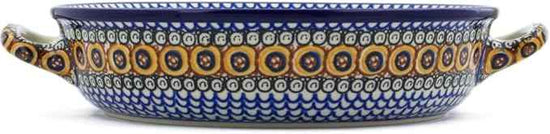 Polmedia Polish Pottery Round Baker with Handles 10-inch UNIKAT - Autumn Chrysanthemums Pattern Handmade in Boleslawiec Poland by Ceramika Artystyczna + Certificate of Authenticity