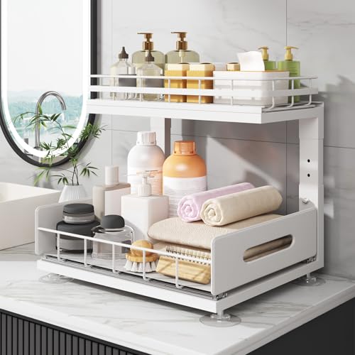 Under Sink Organizer Upgrade To Professional Rails (White / 2 Pack-14.5"Dx12.8"-16.9"H)