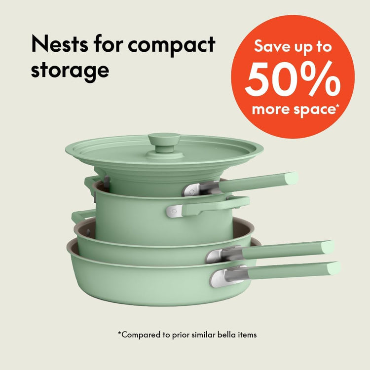 bella 9 Piece Ceramic Nonstick Cookware Set, Fits-anywhere™ Kitchenware w EverGood™ Coating, Dishwasher & Oven Safe, All Stovetops Compatible, Stackable Design, Cool Touch Handles, Seaglass