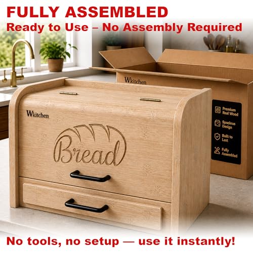 Premium FULLY ASSEMBLED Bamboo Bread Box (Bamboo)