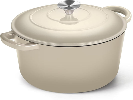 P&P CHEF 6QT Enameled Dutch Oven, Cast Iron Dutch Oven Pot with Lid for Bread Baking, Enameled Casserole Pot for Roasting Braising Stewing Frying Simmering, Various Stoves & Easy Clean, Khaki - Nestoria