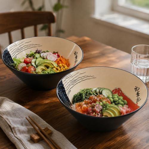 Japanese Ramen Bowl Set with Red Fuji Design (Red Fuji / 9 inch)