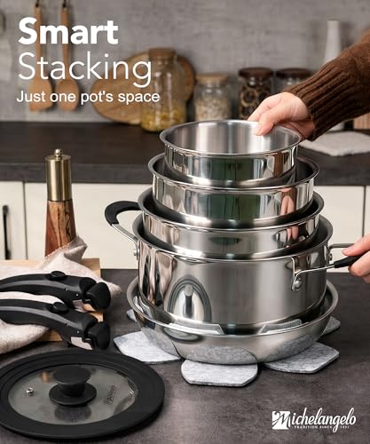 14pcs Tri Ply Stainless Steel Cookware Set with Detachable Handles