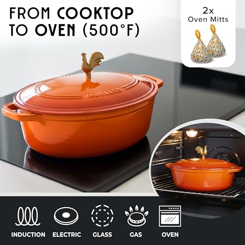 5.5 Quart Enameled Cast Iron Oval Dutch Oven w Rooster Knob & Cotton Potholders