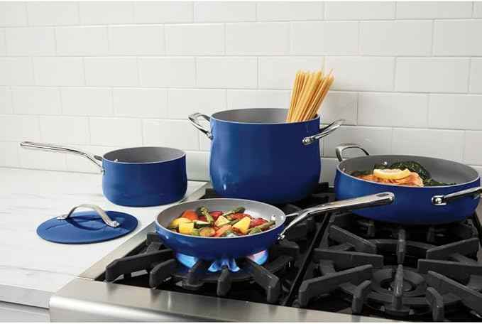 Cuisinart Ceramic Cookware Set, Nonstick 12-Piece Pots and Pans Set for Even Heat Cooking, Dishwasher Safe, Stainless Steel Handles & Easy Cleanup, Sapphire, 34C-12SP