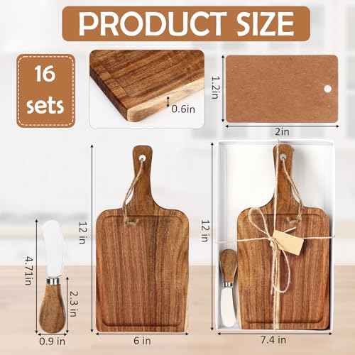 16set Acacia Wood Charcuterie Board with Knife Wooden Serving Tray with Groove Acacia Wood Cutting Board with Card and Gift Box for Wedding Baby Shower Housewarming Gift (16 Count)