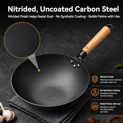 12.6 Inch Carbon Steel Wok Pan with Glass Lid and Spatula (12.59 Inch Flat Bottom)
