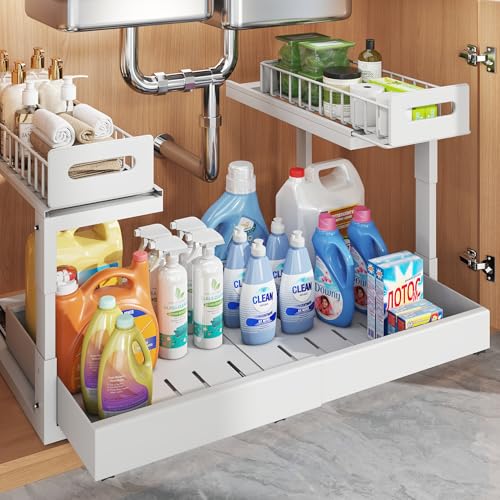 1 Pack Expandable Under Sink Organizers Storage With Upgrade Ball (1 Pack-15.3"-24.2"W / White)