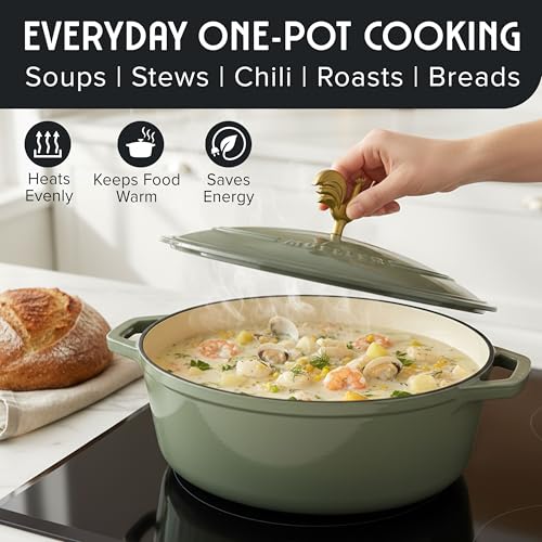 5.5 Quart Enameled Cast Iron Oval Dutch Oven w Rooster Knob & Cotton Potholders