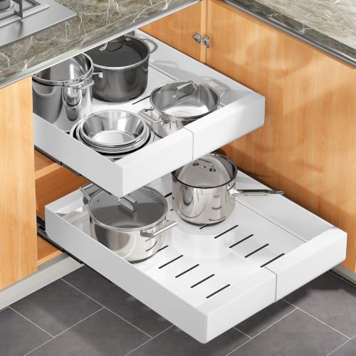 Pull out Cabinet Organizer (White / 17"D×9"-14"W(2 Pack))