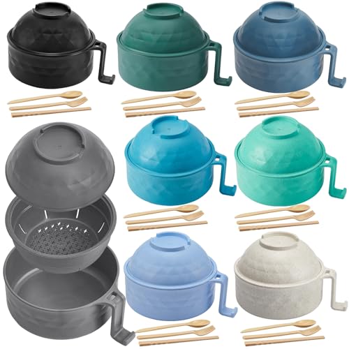 8 Sets Microwave Ramen Bowl with Utensils Bulk (Nature Tones)