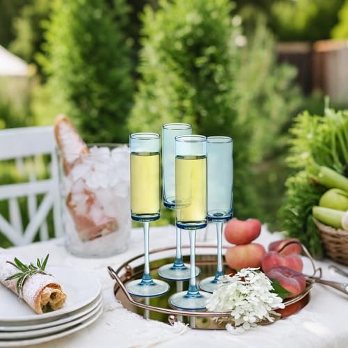 6 Pieces Blue Champagne Flutes 6 OZ Straight Sided Wine Glasses Champagne Long Stem Drinking Colored Glasses (6 Count)