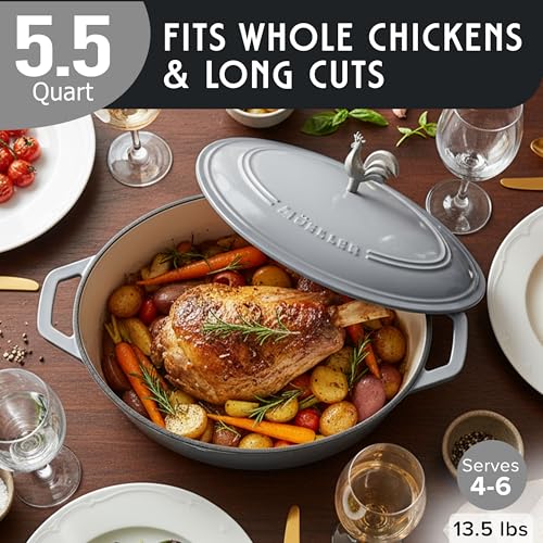 5.5 Quart Enameled Cast Iron Oval Dutch Oven with Rooster Knob & Cotton Potholders