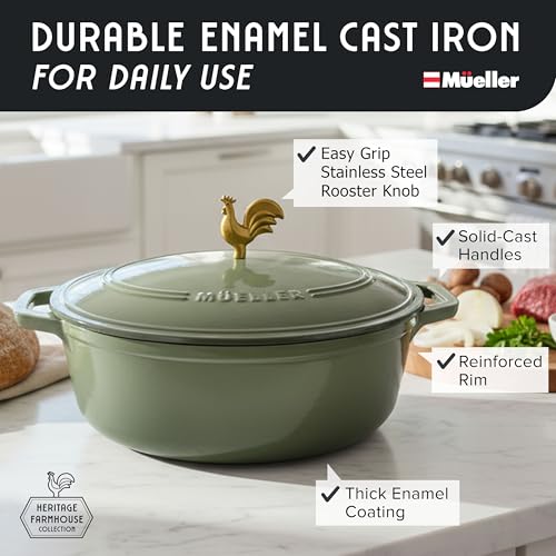 5.5 Quart Enameled Cast Iron Oval Dutch Oven w Rooster Knob & Cotton Potholders