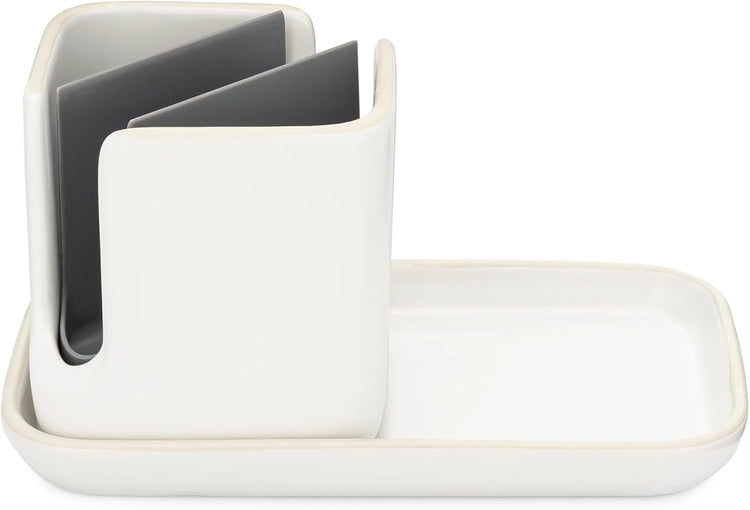 Full Circle Stash, Ceramic Kitchen Sink Caddy, Stylish Modular Sponge Holder & Dish Brush Organizer, White/Gray, 11"