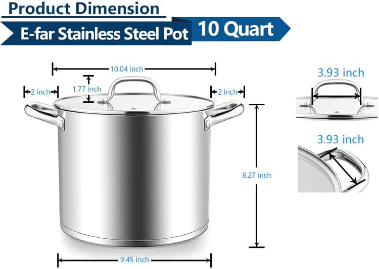 E-far 10 Quart Pot, Stainless Steel Stock Cooking Pot with Glass Lid for Soup Canning Stewing Simmering, Heavy Duty Large Cookware with Triply Base for Induction Gas Ceramic Stoves, Dishwasher Safe