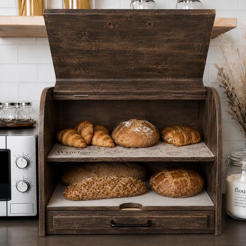 Premium FULLY ASSEMBLED Rustic Bread Box (Brown)