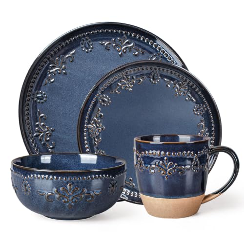 4 Piece Handcrafted Ceramic Dinnerware Set with Mugs (Damask Floral (4 Pieces) (Blue))