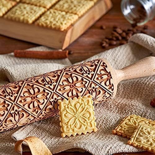 Christmas Wooden Rolling Pin for Baking Engraved Embossing Rolling Pin Cookie Stamps Roller Square Grid Cookies Mold Kitchen Decor Tools for Baking Embossed Cookies