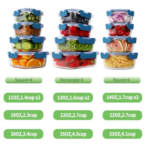 24pc Glass Food Storage Containers with Lids (Deep Blue / 12 Pack)