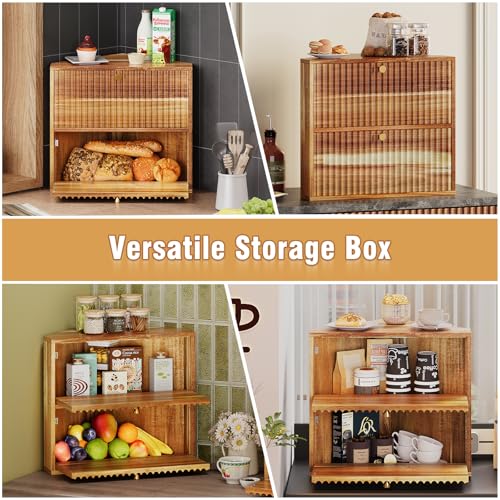 Acacia Corner Bread Box for Kitchen Countertop Wood Two Layer Large Capacity Bread Storage Bin Vintage Storage for Homemade Bread (Acacia Wood)