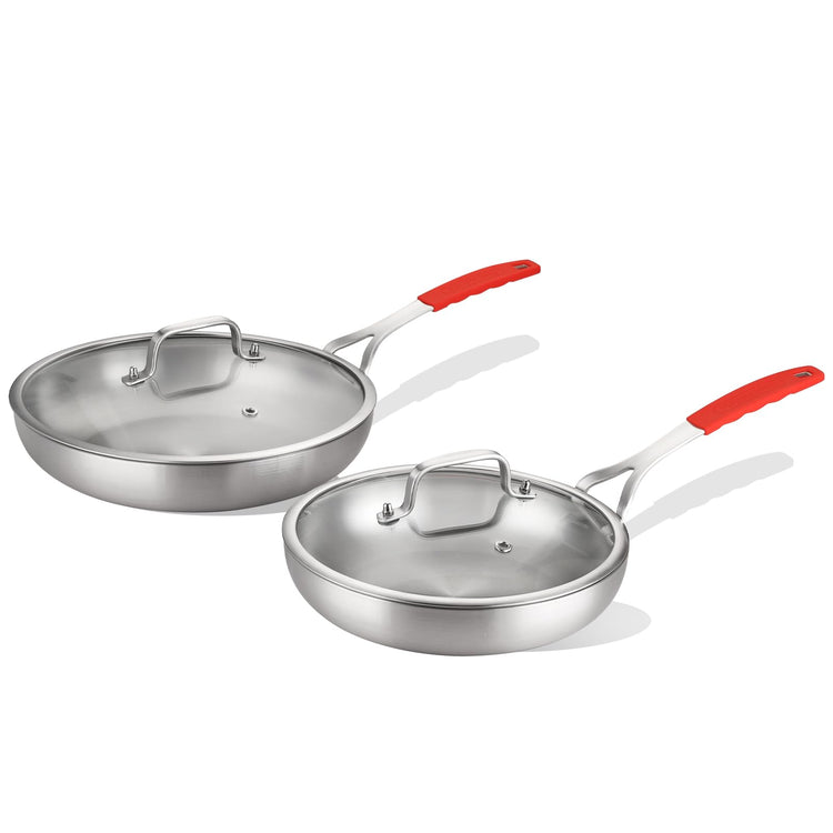 Tri Ply Stainless Steel Frying Pan Set 8" 10" with Lid Skillet