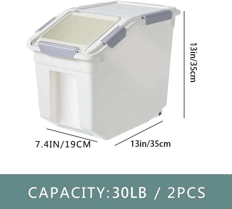30Lbs 2 Pack Food Storage Container with Scoop, Airtight Rice Storage Bins Flour Containers Pet Food Dispenser with Handle & Wheels, Plastic Kitchen Pantry Organization for Cereal Baking Supplies