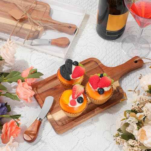 12 Set Acacia Wood Charcuterie Board with Knife Wooden Serving Tray with Groove Acacia Wood Cutting Board with Gift Box and Card for Wedding Baby Shower Housewarming Gift (12 Count)