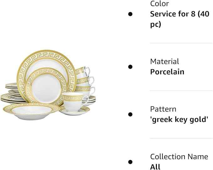 HOMEHUT 80 Pieces Vintage Gold Dinnerware and 18/10 Premium Stainless Steel Silverware Flatware Set - Greek Key Gold HQ Fine China Tableware Service for 8 People