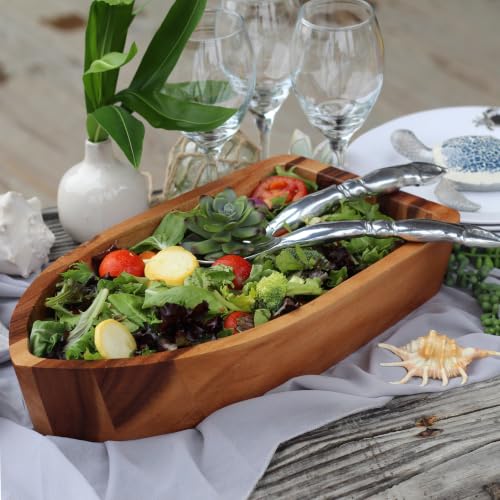Boat Shape Acacia Wood Serving Bowl (3" Tall x 9" Wide x 16" Long)