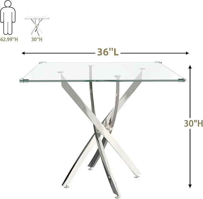 AF ARTISAN FURNITURE Square Glass Dining Table for 4, 36'' Modern Kitchen Table with Tempered Glass Top, Dining Table for Office Kitchen Living Meeting Room Small Space, Silver