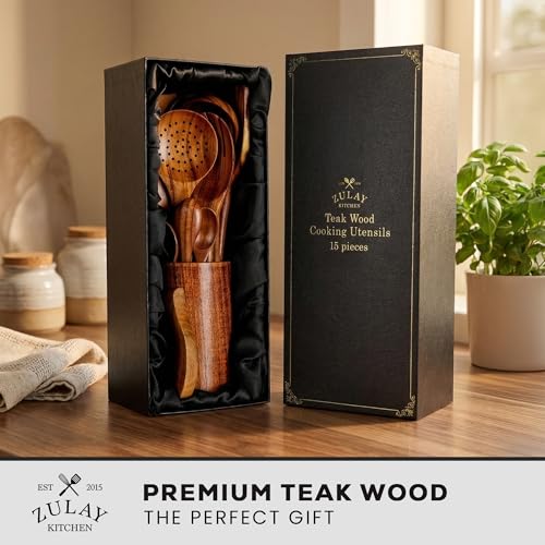 15 Piece Teak Wooden Utensils for Cooking (15 Piece | Gift Box)