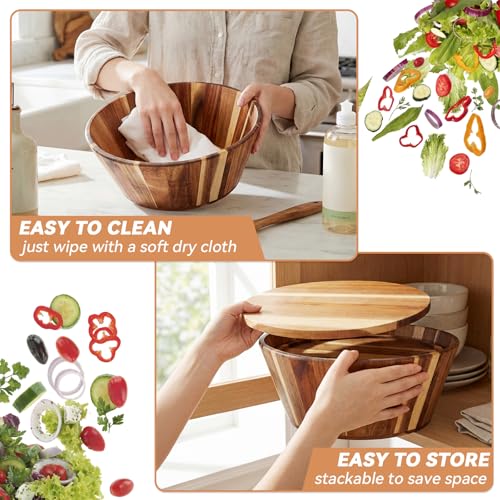 2 Sets 10" 12" Large Wooden Salad Bowls Set Acacia Wooden Mixing Serving Bowls Decorative with Serving Utensils and Cover for Fruits Salad Pasta Kitchen Party
