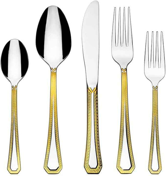 HOMEHUT 80 Pieces Vintage Gold Dinnerware and 18/10 Premium Stainless Steel Silverware Flatware Set - Greek Key Gold HQ Fine China Tableware Service for 8 People