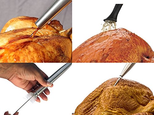 4-in-1 Stainless Steel Turkey Baster Set With Meat Marinade Injector Silicone Infuser & Cleaning Brush