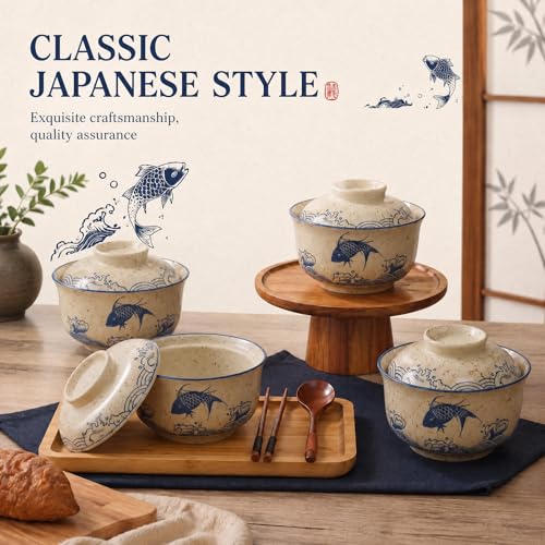 25oz Ramen Bowls Set of 4 Japanese Dinnerware Set with Lid (Fish)