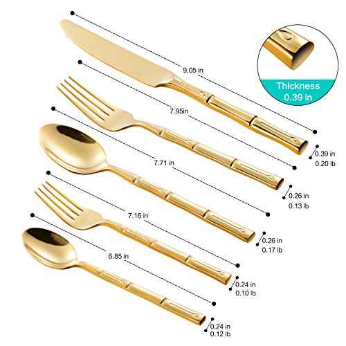 Flatware Set Gold Silverware Set with Bamboo Pattern Mirror Polished 20 Pieces Cutlery Set Housewarming Wedding Gift Service for 4 (4 Count)