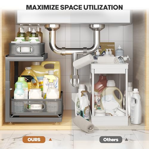 2 Pack Under Sink Storage Organizer with 2 (Gun Gray / 2 Pack-15.4"Dx11.8"-16.5"H)