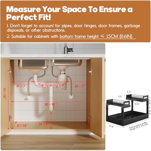 1 Pack Expandable Under Sink Organizers And Storage With Upgrade Ball (1 Pack-15.3"-24.2"W / Black)